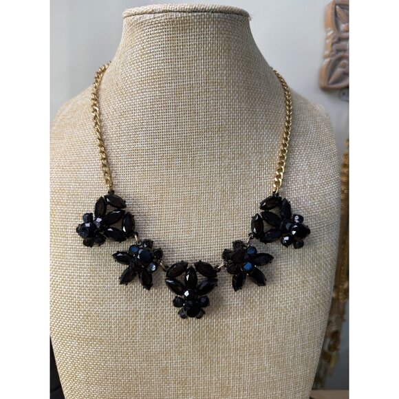J. Crew Black Floral Statement Necklace Gold Chain Adjustable Length Modern - Picture 3 of 7
